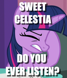 Size: 776x896 | Tagged: safe, edit, edited screencap, screencap, character:twilight sparkle, character:twilight sparkle (alicorn), species:alicorn, species:pony, episode:a trivial pursuit, g4, my little pony: friendship is magic, caption, cropped, facehoof, female, frustrated, image macro, solo, text