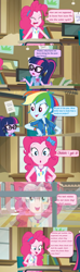 Size: 1596x5390 | Tagged: safe, edit, edited screencap, screencap, character:pinkie pie, character:rainbow dash, character:twilight sparkle, character:twilight sparkle (scitwi), species:eqg human, equestria girls:holidays unwrapped, g4, my little pony: equestria girls, my little pony:equestria girls, spoiler:eqg series (season 2), bow, bow tie, canvas, clothing, comic, dialogue, food, geode of telekinesis, glasses, hair bow, headband, hoodie, jacket, magical geodes, mashed potatoes, pen, ponytail, potato, reflection, scarf, screencap comic, snow, window, writing