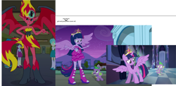 Size: 2710x1326 | Tagged: safe, edit, screencap, character:spike, character:sunset satan, character:sunset shimmer, character:twilight sparkle, character:twilight sparkle (alicorn), character:velvet sky, species:alicorn, species:dog, species:dragon, species:pony, equestria girls:equestria girls, g4, my little pony: equestria girls, my little pony:equestria girls, background human, big crown thingy, boots, clothing, comparison, crown, demon, dress, edited edit, element of magic, fall formal outfits, high heel boots, jewelry, ponied up, ponytail, reference, regalia, shoes, size comparison, sparkles, spike the dog, sunset satan, tennis match, thunderbass, twilight ball dress, velvet sky, wings