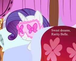 Size: 740x592 | Tagged: safe, edit, edited screencap, screencap, character:rarity, episode:for whom the sweetie belle toils, bed, cropped, cute, four-post bed, raribetes, sleep mask, sleeping, text