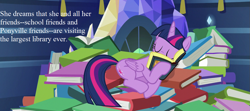 Size: 1215x540 | Tagged: safe, edit, edited screencap, screencap, character:twilight sparkle, character:twilight sparkle (alicorn), species:alicorn, species:pony, episode:a health of information, g4, my little pony: friendship is magic, book, book nest, cropped, cute, female, library, princess sleeping on books, sleeping, solo, text, that pony sure does love books, twiabetes, twilight's castle, twilight's castle library