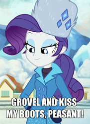 Size: 650x900 | Tagged: safe, edit, edited screencap, screencap, character:rarity, equestria girls:holidays unwrapped, g4, my little pony: equestria girls, my little pony:equestria girls, spoiler:eqg series (season 2), caption, clothing, coat, cropped, female, grovelling, hat, image macro, lidded eyes, mittens, peasant, rarity's winter hat, solo, text, winter coat