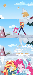 Size: 1598x3556 | Tagged: safe, edit, edited screencap, screencap, character:pinkie pie, character:sunset shimmer, equestria girls:holidays unwrapped, g4, my little pony: equestria girls, my little pony:equestria girls, spoiler:eqg series (season 2), apple juice, attack, comic, holding hands, house, hug, incoming, juice, rescue, screencap comic, sky, snow, snowball, snowball fight, splash, taking cover, winter