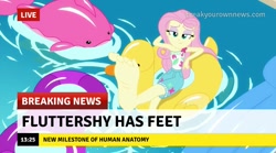 Size: 719x400 | Tagged: safe, edit, edited screencap, screencap, character:fluttershy, episode:i'm on a yacht, g4, my little pony: equestria girls, my little pony:equestria girls, spoiler:eqg series (season 2), barefoot, break your own news, breaking news, captain obvious, clothing, eyeshadow, feet, female, flutterfeet, foot focus, lidded eyes, makeup, pool toy, shorts, slow news day, soles, solo, swimming pool, wiggling toes
