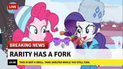 Size: 1280x720 | Tagged: safe, edit, edited screencap, screencap, character:pinkie pie, character:rarity, equestria girls:holidays unwrapped, g4, my little pony: equestria girls, my little pony:equestria girls, spoiler:eqg series (season 2), arrow, break your own news, breaking news, evil, fork, meme, text, the end is neigh, time