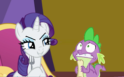 Size: 844x524 | Tagged: safe, edit, edited screencap, screencap, character:rarity, character:spike, species:dragon, species:pony, species:unicorn, chair, evil, female, fork, gritted teeth, letter, male, nervous, smiling, wide eyes