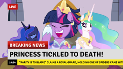 Size: 1382x777 | Tagged: safe, edit, edited screencap, screencap, character:princess celestia, character:princess luna, character:twilight sparkle, character:twilight sparkle (alicorn), species:alicorn, species:pony, episode:the last problem, g4, my little pony: friendship is magic, breaking news, implied rarity, laughing, news, second coronation dress, spider, star spider, tickling