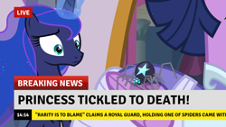 Size: 1382x777 | Tagged: safe, edit, edited screencap, screencap, character:princess luna, character:twilight sparkle, character:twilight sparkle (alicorn), species:alicorn, species:pony, episode:the last problem, g4, my little pony: friendship is magic, breaking news, implied rarity, second coronation dress, spider, star spider, tickling