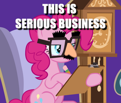 Size: 479x408 | Tagged: safe, edit, edited screencap, screencap, character:pinkie pie, episode:fame and misfortune, g4, my little pony: friendship is magic, caption, clipboard, cropped, dexterous hooves, female, groucho mask, hoof hold, image macro, pencil, solo, text