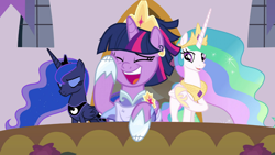 Size: 1382x777 | Tagged: safe, edit, edited screencap, screencap, character:princess celestia, character:princess luna, character:twilight sparkle, character:twilight sparkle (alicorn), species:alicorn, species:pony, episode:the last problem, g4, my little pony: friendship is magic, clothing, coronation dress, dress, implied star spider, implied tickling, second coronation dress