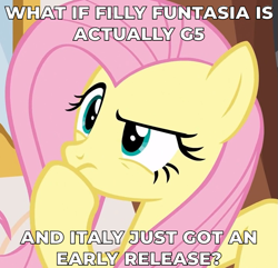 Size: 743x717 | Tagged: safe, edit, edited screencap, screencap, character:fluttershy, species:pegasus, species:pony, episode:discordant harmony, g4, my little pony: friendship is magic, leak, cropped, female, filly funtasia, implied filly funtasia, italy, mare, meme, question, solo, text, thinking