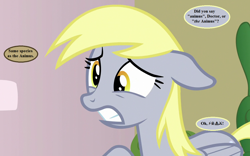 Size: 1152x720 | Tagged: safe, edit, edited screencap, screencap, character:derpy hooves, species:pony, episode:triple threat, g4, my little pony: friendship is magic, censored vulgarity, cropped, dialogue, doctor who, floppy ears, grawlixes, implied doctor whooves, speech bubble, the web planet, uh oh