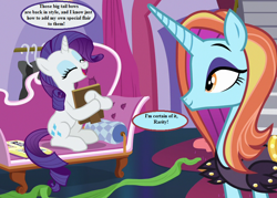 Size: 896x640 | Tagged: safe, edit, edited screencap, screencap, character:rarity, character:sassy saddles, species:pony, episode:forever filly, g4, my little pony: friendship is magic, canterlot carousel, clothing, couch, cropped, cute, dialogue, fabric, raribetes, speech bubble