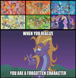 Size: 1134x1152 | Tagged: safe, edit, edited screencap, screencap, character:autumn blaze, character:babs seed, character:capper dapperpaws, character:coco pommel, character:gabby, character:gallus, character:garble, character:gilda, character:gummy, character:little strongheart, character:ocellus, character:opalescence, character:owlowiscious, character:silverstream, character:steven magnet, character:tank, character:yona, species:alicorn, species:bird, species:buffalo, species:changedling, species:changeling, species:dragon, species:earth pony, species:griffon, species:hippogriff, species:kirin, species:owl, species:pony, species:reformed changeling, species:sea serpent, species:yak, episode:friendship is magic, episode:the last problem, g4, my little pony: friendship is magic, caption, cat, facial hair, meme, most of the characters, moustache, sad, teary eyes, text, they forgot about me