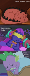 Size: 551x1392 | Tagged: safe, edit, edited screencap, screencap, character:spike, character:spike (g1), character:spike (g3), species:dragon, episode:somnambula, episode:the runaway rainbow, episode:winter wrap up, g1, g3, g4, my little pony 'n friends, my little pony: friendship is magic, cropped, cute, flower, g1 to g4, g3 to g4, generation leap, male, mattress, pillow, sleep mask, sleeping, spikabetes, text