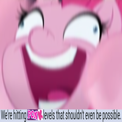 Size: 532x533 | Tagged: safe, edit, edited screencap, screencap, character:pinkie pie, species:earth pony, species:pony, my little pony: the movie (2017), blurry, caption, close-up, cropped, expand dong, exploitable meme, female, image macro, insanity, mare, meme, motion blur, open mouth, reaction image, solo, text