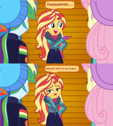 Size: 1600x1784 | Tagged: safe, edit, edited screencap, screencap, character:fluttershy, character:rainbow dash, character:sunset shimmer, equestria girls:holidays unwrapped, g4, my little pony: equestria girls, my little pony:equestria girls, spoiler:eqg series (season 2), clothing, coat, comic, dialogue, frown, gloves, jacket, oops, pointing, sad, screencap comic, smiling, speech bubble, toque, winter outfit