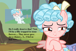 Size: 1604x1080 | Tagged: safe, edit, edited screencap, screencap, character:cozy glow, species:pegasus, species:pony, episode:marks for effort, episode:the ending of the end, g4, my little pony: friendship is magic, caption, cozybuse, crying, female, filly, image macro, petrification, sad, stone, text