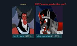 Size: 539x324 | Tagged: safe, edit, edited screencap, screencap, character:king sombra, character:lord tirek, species:centaur, species:pony, species:unicorn, derpibooru, episode:frenemies, episode:the beginning of the end, g4, my little pony: friendship is magic, annoyed, antagonist, caption, comparison, cropped, evil, evil laugh, funny, image macro, laughing, male, meta, op is a duck, tags, text, tirek is not amused, why, wtf