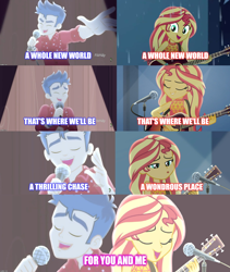 Size: 1752x2072 | Tagged: safe, edit, edited screencap, screencap, character:flash sentry, character:sunset shimmer, ship:flashimmer, episode:cheer you on, episode:let it rain, g4, my little pony: equestria girls, my little pony:equestria girls, spoiler:eqg series (season 2), a whole new world, aladdin, female, male, reference, shipping, singing, straight