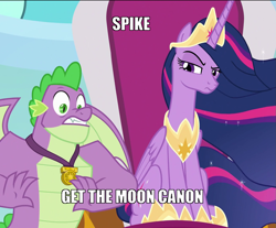 Size: 1303x1078 | Tagged: safe, edit, edited screencap, screencap, character:spike, character:twilight sparkle, character:twilight sparkle (alicorn), species:alicorn, species:pony, episode:the last problem, g4, my little pony: friendship is magic, caption, cropped, crown, image macro, jewelry, meme, misspelling, princess twilight 2.0, regalia, text, to the moon