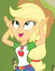 Size: 690x900 | Tagged: safe, edit, edited screencap, screencap, character:applejack, equestria girls:holidays unwrapped, g4, my little pony: equestria girls, my little pony:equestria girls, spoiler:eqg series (season 2), clothing, cropped, cute, female, geode of super strength, hands on head, happy, hat, jackabetes, magical geodes, solo
