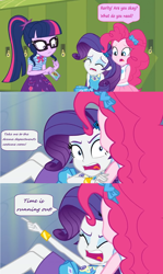 Size: 1600x2688 | Tagged: safe, edit, edited screencap, screencap, character:pinkie pie, character:twilight sparkle, character:twilight sparkle (scitwi), species:eqg human, equestria girls:holidays unwrapped, g4, my little pony: equestria girls, my little pony:equestria girls, spoiler:eqg series (season 2), bow tie, cellphone, clothing, comic, dialogue, fainted, geode of telekinesis, glasses, lockers, magical geodes, miniskirt, open mouth, phone, pocket, pointing, ponytail, screencap comic, skirt, speech bubble, yelling