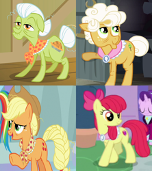 Size: 912x1026 | Tagged: safe, edit, screencap, character:apple bloom, character:applejack, character:goldie delicious, character:granny smith, species:pony, episode:pinkie apple pie, episode:the cutie pox, episode:the last problem, g4, my little pony: friendship is magic, apple bloom's bow, applejack's hat, bow, clothing, collar, cowboy hat, cropped, goldie delicious' scarf, granny smith's scarf, hair bow, hat, neckwear, older, older apple bloom, scarf