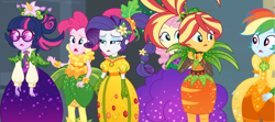 Size: 2022x896 | Tagged: safe, edit, edited screencap, screencap, character:fluttershy, character:pinkie pie, character:rainbow dash, character:rarity, character:sunset shimmer, character:twilight sparkle, character:twilight sparkle (scitwi), species:eqg human, equestria girls:holidays unwrapped, g4, my little pony: equestria girls, my little pony:equestria girls, spoiler:eqg series (season 2), alternate hairstyle, carrot, clothing, corn, dress, fashion, flower, flower in hair, food, glasses, jewels, leaves, looking at each other, panorama, ponytail, surprised, wristband