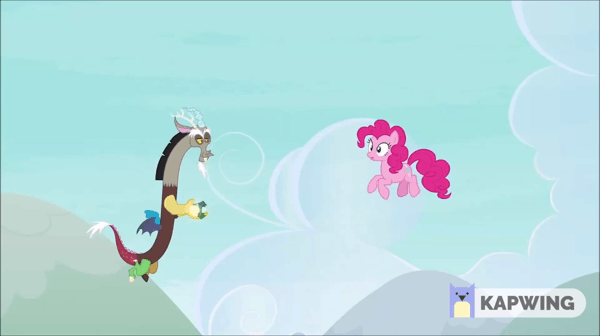 Size: 600x336 | Tagged: safe, edit, edited screencap, screencap, character:discord, character:pinkie pie, species:draconequus, species:earth pony, species:pony, episode:the ending of the end, g4, my little pony: friendship is magic, animated, bell, chaos pinkie, giant pony, gif, grogar's bell, growth, macro, reversed