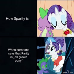 Size: 640x640 | Tagged: safe, edit, edited screencap, screencap, character:cookie crumbles, character:rarity, character:spike, ship:sparity, episode:secret of my excess, episode:sisterhooves social, episode:the crystal empire, g4, my little pony: friendship is magic, female, implied infidelity, male, meme, recolor, shipping, sombra eyes, straight