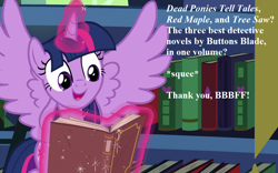 Size: 1152x720 | Tagged: safe, edit, edited screencap, screencap, character:twilight sparkle, character:twilight sparkle (alicorn), species:alicorn, species:pony, episode:best gift ever, g4, my little pony: friendship is magic, book, cropped, cute, implied oc, implied shining armor, magic, magic aura, speech, squee, that pony sure does love books, twiabetes