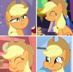 Size: 720x715 | Tagged: safe, edit, edited screencap, screencap, character:applejack, species:earth pony, species:pony, episode:a trivial pursuit, episode:castle sweet castle, episode:look before you sleep, episode:the ending of the end, g4, my little pony: friendship is magic, cropped, cute, eating, face, jackabetes, puffy cheeks, smiling