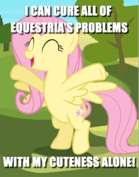 Size: 420x537 | Tagged: safe, edit, edited screencap, screencap, character:fluttershy, episode:the crystal empire, g4, my little pony: friendship is magic, bipedal, caption, cropped, cute, eyes closed, image macro, op is a genius, outstretched arms, shyabetes, text
