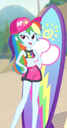 Size: 350x669 | Tagged: safe, edit, edited screencap, screencap, character:rainbow dash, episode:blue crushed (a.k.a baewatch), g4, my little pony: equestria girls, my little pony:equestria girls, beach, cropped, female, geode of super speed, magical geodes, solo, surfboard