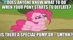 Size: 915x500 | Tagged: safe, edit, edited screencap, screencap, character:pinkie pie, species:earth pony, species:pony, episode:rock solid friendship, g4, my little pony: friendship is magic, balloon pony, caption, cartoon physics, deflated, deflation, depressed, exhausted, female, image macro, inflatable pony, meme, solo, text