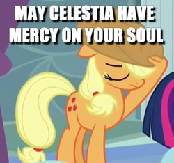 Size: 343x321 | Tagged: safe, edit, edited screencap, screencap, character:applejack, character:twilight sparkle, character:twilight sparkle (alicorn), species:alicorn, species:pony, episode:tanks for the memories, g4, my little pony: friendship is magic, caption, cropped, image macro, reaction image, solo focus, text