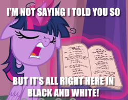 Size: 940x741 | Tagged: safe, edit, edited screencap, screencap, character:twilight sparkle, character:twilight sparkle (alicorn), species:alicorn, species:pony, episode:a trivial pursuit, g4, my little pony: friendship is magic, book, bragging, caption, cropped, female, glowing horn, horn, image macro, impact font, messy mane, snobby, solo, text