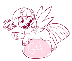 Size: 945x808 | Tagged: safe, artist:lulubell, character:twilight sparkle, character:twilight sparkle (alicorn), species:alicorn, species:pony, my little pony:pony life, abdominal bulge, belly, dialogue, female, mare, monochrome, sketch, solo, twipred, vore