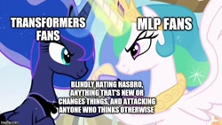 Size: 666x375 | Tagged: safe, edit, edited screencap, screencap, character:princess celestia, character:princess luna, species:alicorn, species:pony, episode:between dark and dawn, g4, my little pony: friendship is magic, caption, clash of hasbro's titans, duo, female, image macro, mare, meme, meta, op is a duck, op is trying to start shit, siblings, sisters, text, transformers