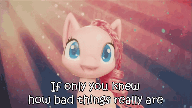 Size: 640x360 | Tagged: safe, edit, edited screencap, screencap, character:pinkie pie, species:earth pony, species:pony, my little pony:pony life, animated, female, gif, if only you knew how bad things really are, jacob's ladder (film), mare, meme, shaking, solo, toy