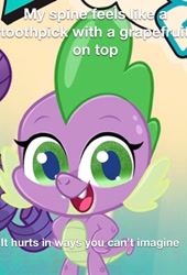 Size: 1636x2400 | Tagged: safe, edit, edited screencap, screencap, character:spike, species:dragon, my little pony:pony life, caption, cropped, disproportional anatomy, giant head, impossibly large head, pain, pony life drama, reality ensues, solo focus