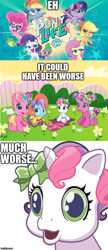 Size: 500x1161 | Tagged: safe, edit, edited screencap, screencap, character:applejack, character:cheerilee (g3), character:fluttershy, character:gummy, character:pinkie pie, character:pinkie pie (g3), character:rainbow dash, character:rarity, character:spike, character:sweetie belle (g3), character:toola roola (g3), character:twilight sparkle, character:twilight sparkle (alicorn), species:alicorn, species:earth pony, species:pegasus, species:pony, species:unicorn, episode:over two rainbows, g3.5, my little pony:pony life, newborn cuties, alligator, baby, caption, g3.75, infant, meme, op has a point