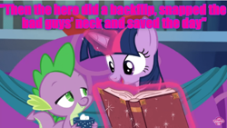 Size: 624x351 | Tagged: safe, edit, edited screencap, screencap, character:spike, character:twilight sparkle, character:twilight sparkle (alicorn), species:alicorn, species:pony, episode:a hearth's warming tail, g4, my little pony: friendship is magic, book, caption, cropped, ryan george, text