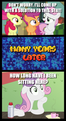 Size: 1361x2509 | Tagged: safe, edit, edited screencap, screencap, character:apple bloom, character:scootaloo, character:sweetie belle, species:earth pony, species:pegasus, species:pony, species:unicorn, episode:growing up is hard to do, episode:the last crusade, g4, my little pony: friendship is magic, caption, cutie mark crusaders, exploitable meme, female, filly, image macro, meme, question, sudden clarity sweetie belle, text