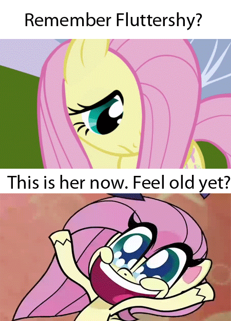 Size: 450x626 | Tagged: safe, edit, edited screencap, screencap, character:fluttershy, species:pegasus, species:pony, episode:friendship is magic, g4, my little pony: friendship is magic, my little pony:pony life, animated, caption, comparison, exuberant airdancer fluttershy, feeling old yet?, female, gif, happy, mare, meme, noodle arms, unshorn fetlocks, wacky waving inflatable tube pony
