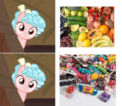 Size: 1082x938 | Tagged: safe, edit, edited screencap, screencap, character:cozy glow, episode:frenemies, g4, my little pony: friendship is magic, :<, candy, cozybetes, cropped, cute, female, food, fruit, solo, vegetable