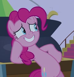 Size: 761x793 | Tagged: safe, edit, edited screencap, screencap, character:pinkie pie, species:earth pony, species:pony, episode:the summer sun setback, g4, my little pony: friendship is magic, belly, bipedal, bipedal leaning, cauldron, cropped, female, grin, hoof on cheek, hoof on hip, leaning, mare, nervous, nervous grin, smiling, solo