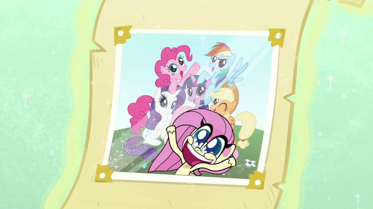 Size: 1280x718 | Tagged: safe, edit, edited screencap, screencap, character:applejack, character:fluttershy, character:pinkie pie, character:rainbow dash, character:rarity, character:twilight sparkle, species:earth pony, species:pegasus, species:pony, species:unicorn, my little pony:pony life, animated, exuberant airdancer fluttershy, gif, intro, mane six, photo