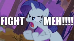 Size: 890x500 | Tagged: safe, edit, edited screencap, screencap, character:rarity, species:pony, species:unicorn, episode:dragon quest, g4, my little pony: friendship is magic, caption, female, fight me, funny, image macro, meh, meme, solo, text